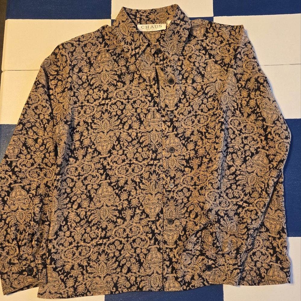Chaus Petite Vintage Elegant Black and Gold Button Down Sheer Blouse